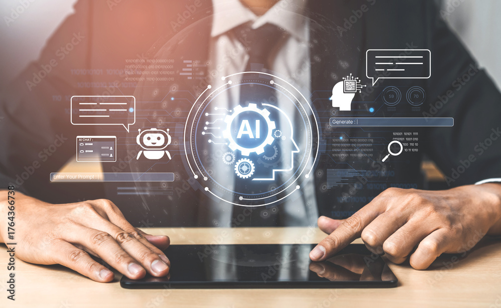 Fototapeta premium A user interface for a generative AI application. The platform allows users to enter prompts, engage in chatbot conversations, and generate new creative or analytical content. Fermion