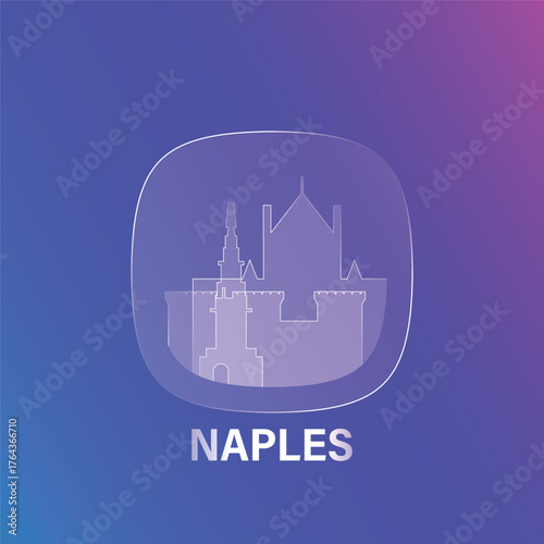 Naples, Italy: icon and logo prototype with glass liquid effect. Flat emblem with shapes of landmarks. Concept for mobile app, sticker, web element