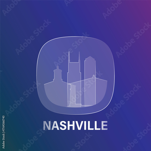 Nashville, USA Tennessee state: icon and logo prototype with glass liquid effect. Flat emblem with shapes of landmarks. Concept for mobile app, sticker, web element