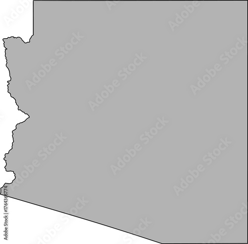 Grey silhouette vector map of Arizona state boundary, presented as a solid color political template of the Southwestern United States territory.