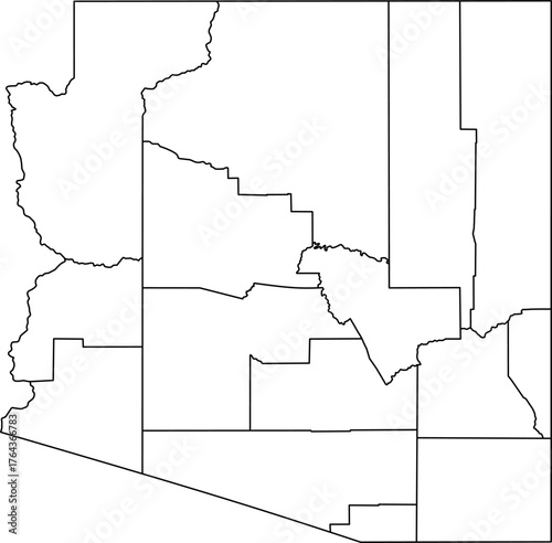 Vector political map of Arizona state outline with all internal county borders and administrative divisions, presented as a blank template map of the Southwestern United States territory.