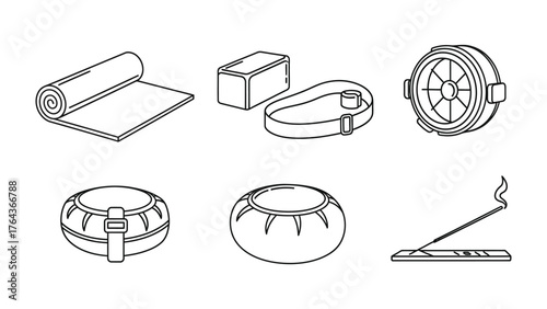 Yoga Essentials: A collection of yoga equipment, presented in a clean and minimalist illustration, showcasing the tools for a balanced and mindful practice.