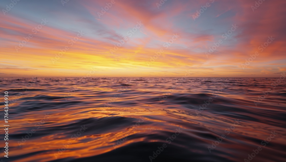 Obraz premium Displaying ocean surface reflecting warm sunset shades over tranquil open sea, colorful sky