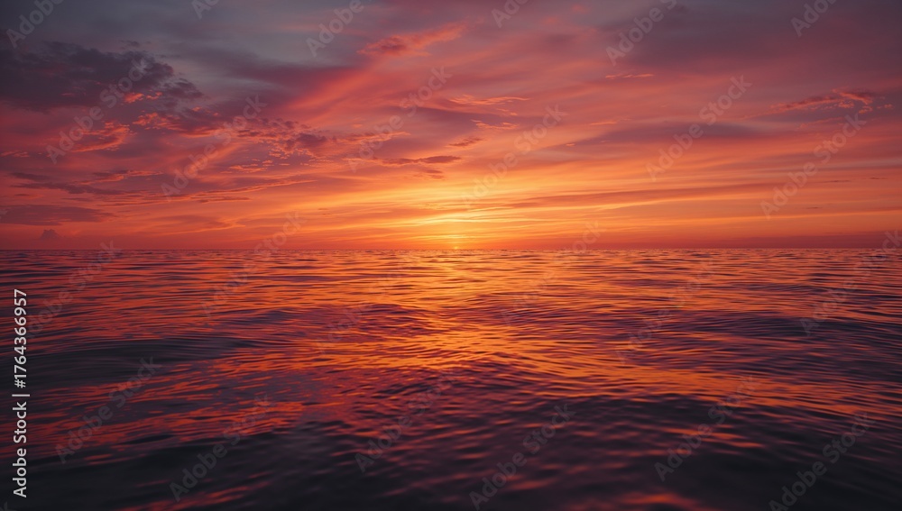 Obraz premium Shining sun above horizon reflecting warm hues on open sea at sunset, with layered clouds
