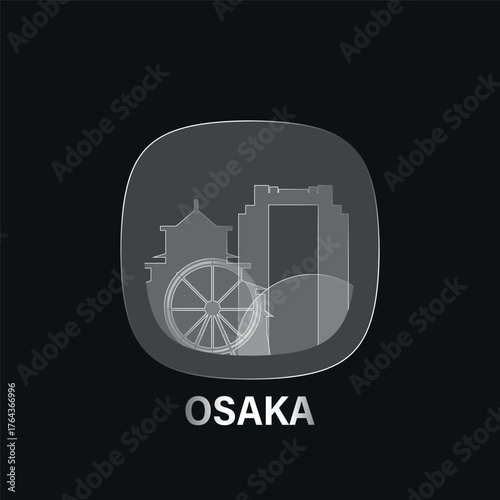 Osaka, Japan: icon and logo prototype with glass liquid effect. Flat emblem with shapes of landmarks. Concept for mobile app, sticker, web element