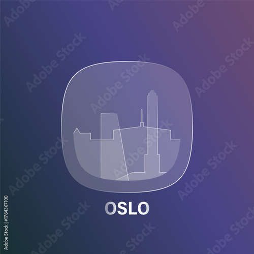 Oslo, Norway: icon and logo prototype with glass liquid effect. Flat emblem with shapes of landmarks. Concept for mobile app, sticker, web element.