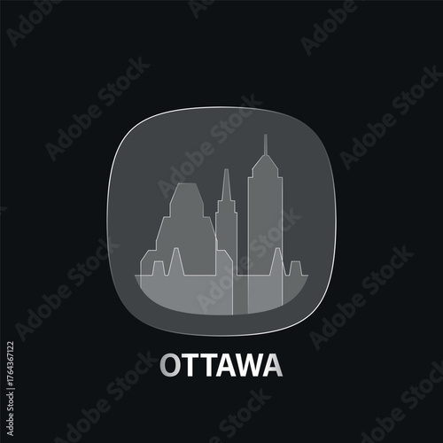Ottawa, Canada: icon and logo prototype with glass liquid effect. Flat emblem with shapes of landmarks. Concept for mobile app, sticker, web element