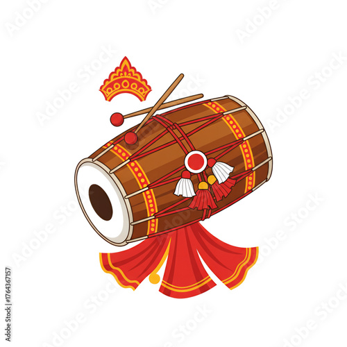 Illustration of a traditional Indian Durga Puja drum, isolated on a white background.