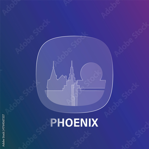 Phoenix, USA Arizona state: icon and logo prototype with glass liquid effect. Flat emblem with shapes of landmarks. Concept for mobile app, sticker, web element
