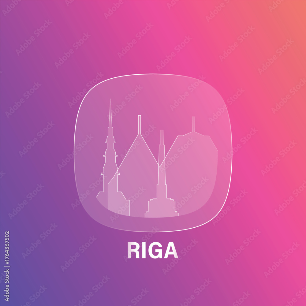 Obraz premium Riga, Latvia: icon and logo prototype with glass liquid effect. Flat emblem with shapes of landmarks. Concept for mobile app, sticker, web element