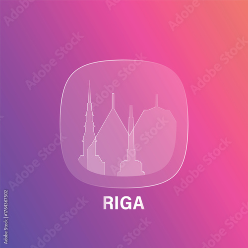 Riga, Latvia: icon and logo prototype with glass liquid effect. Flat emblem with shapes of landmarks. Concept for mobile app, sticker, web element