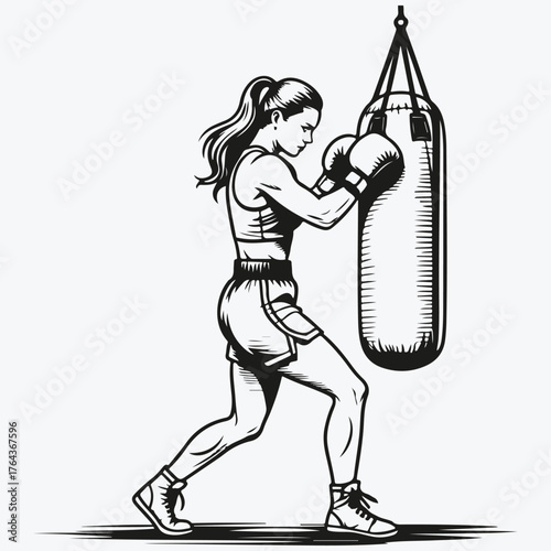 female boxer hits a punching bag sketch illustration vector
