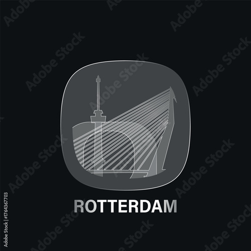 Rotterdam, Netherlands: icon and logo prototype with glass liquid effect. Flat emblem with shapes of landmarks. Concept for mobile app, sticker, web element