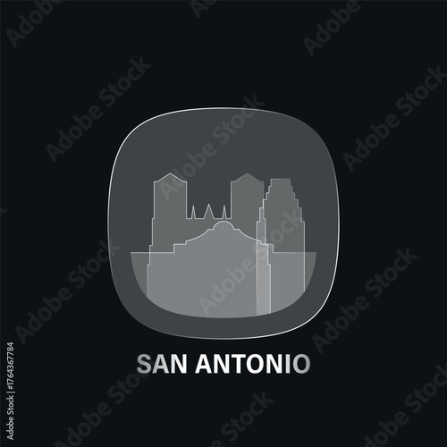 San Antonio, USA Texas state: icon and logo prototype with glass liquid effect. Flat emblem with shapes of landmarks. Concept for mobile app, sticker, web element