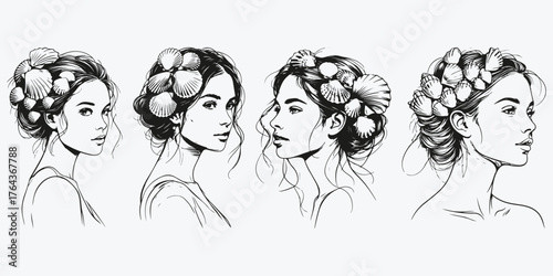 woman with seashells in her hair sketch illustration vector set