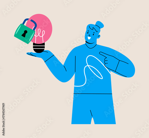 Woman standing with light bulb idea locked. Intellectual property concept. Colorful vector illustratio