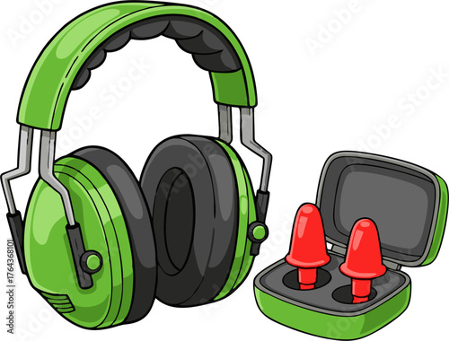 Green Ear Protection Set - Earmuffs and Earplugs for Noise Reduction.