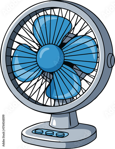 Illustration of a blue and gray electric fan.