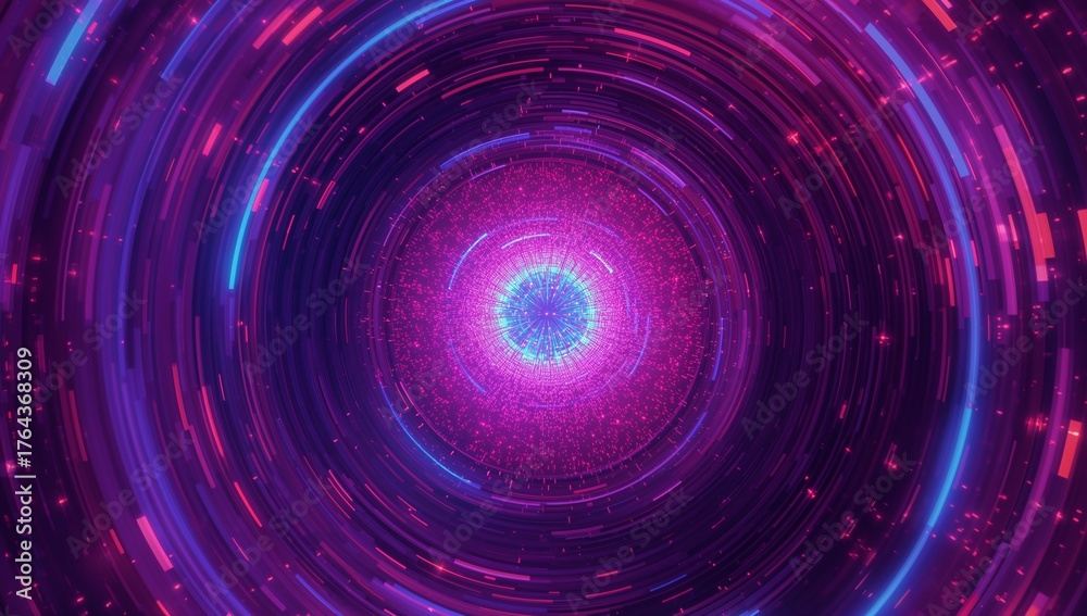Obraz premium Pulsing central core sphere in digital vortex with concentric rings, data fragments, neon panels