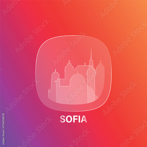 Sofia, Bulgaria: icon and logo prototype with glass liquid effect. Flat emblem with shapes of landmarks. Concept for mobile app, sticker, web element.