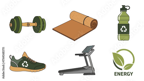 Fitness Equipment with Eco-Friendly Concept: A comprehensive illustration of fitness equipment including a dumbbell, yoga mat, water bottle, running shoe, treadmill and eco logo.