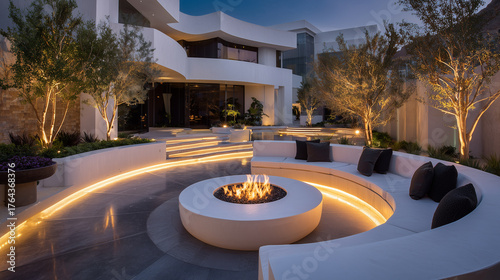 Luxury outdoor garden with seating and fire circle