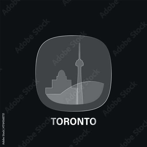 Toronto, Canada: icon and logo prototype with glass liquid effect. Flat emblem with shapes of landmarks. Concept for mobile app, sticker, web element