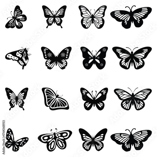 Stylish Butterfly Vector Set. Elegant Butterfly Silhouette Illustrations collection. Elegant Black and White Line Art Design Elements for wedding design, baby shower and party decoration
