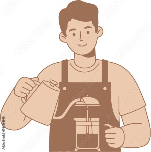 Design man making coffee french press coffee maker barista coffee brewing coffee shop coffee culture coffee time verctor art illustration png