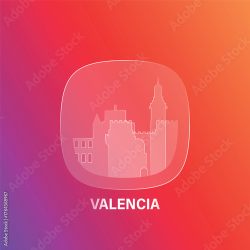 Valencia, Spain: icon and logo prototype with glass liquid effect. Flat emblem with shapes of landmarks. Concept for mobile app, sticker, web element.