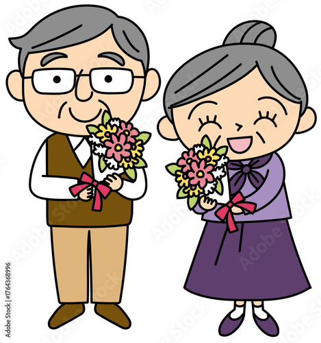 可愛らしいタッチの花束を持って笑顔の老夫婦のイラスト ベクター