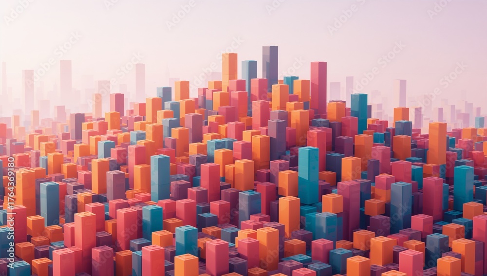 Obraz premium Displaying dense prism cluster rising in 3D digital cityscape, bright gradient skyscrapers
