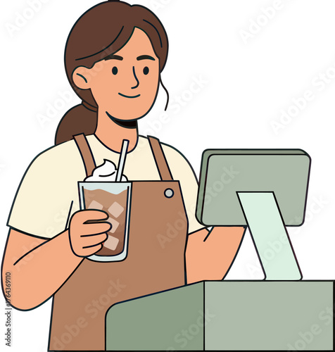 Design woman barista coffee shop iced coffee drink cashier brown apron service industry retail pos system illustration verctor art illustration png