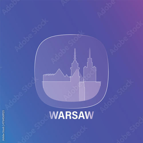 Warsaw, Poland: icon and logo prototype with glass liquid effect. Flat emblem with shapes of landmarks. Concept for mobile app, sticker, web element
