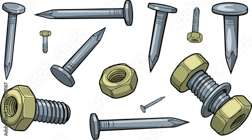 Assortment of Nails, Bolts, and Nuts for Construction and Repair.