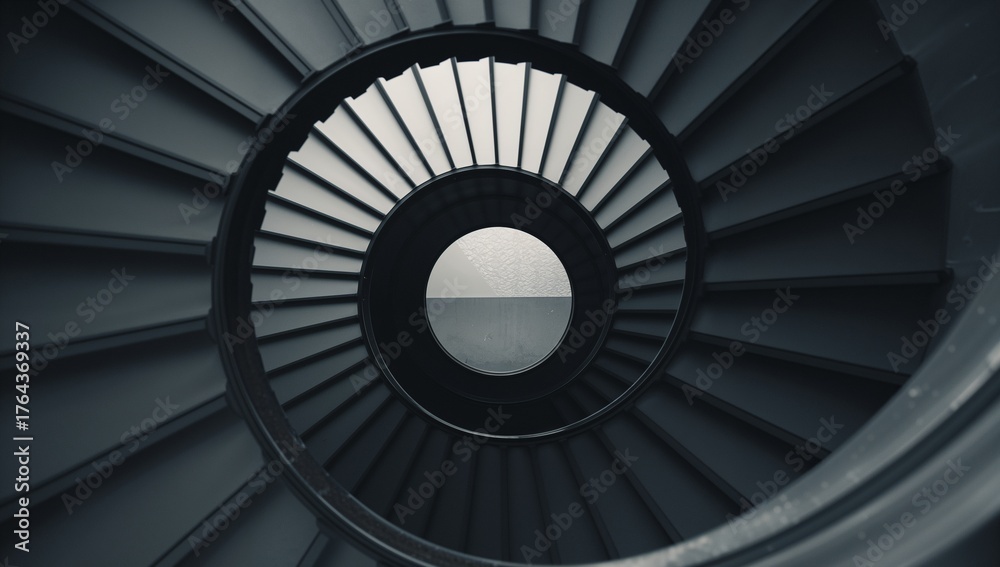 Fototapeta premium Revealing spiral staircase rising upward in stairwell, with metal handrail and circular opening