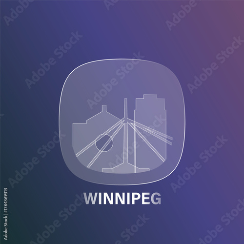 Winnipeg, Canada: icon and logo prototype with glass liquid effect. Flat emblem with shapes of landmarks. Concept for mobile app, sticker, web element.