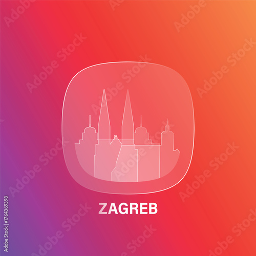 Zagreb, Croatia: icon and logo prototype with glass liquid effect. Flat emblem with shapes of landmarks. Concept for mobile app, sticker, web element.
