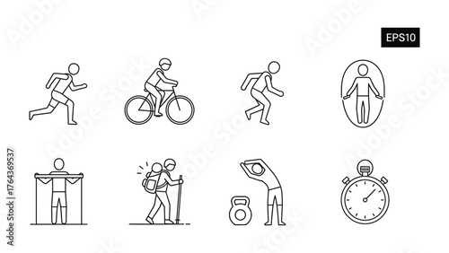Fitness Activities Illustration: A collection of simple, line-art icons depicts various fitness activities, perfect for illustrating health, wellness, and exercise concepts. 