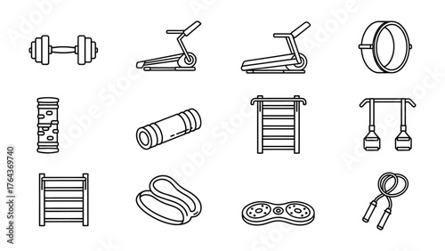 Fitness Equipment Assortment: A comprehensive illustration of various fitness equipment essential for workout routines, designed for both beginners and seasoned athletes.