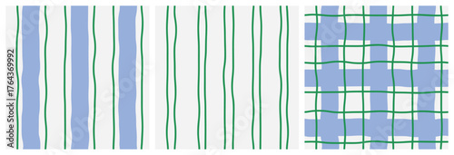 Set of abstract seamless patterns of vertical blue thick and green thin wavy stripes in a row and checkered pattern on a light background; simple hand drawn vector illustration, drawing, flat style