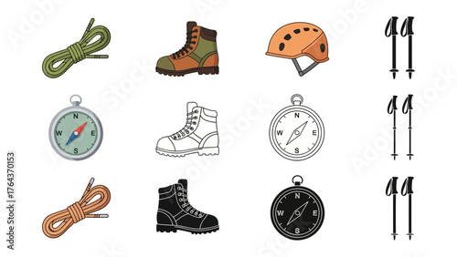Gear for Hiking Adventure: An assortment of essential hiking equipment, including a sturdy boot, climbing rope, helmet, compass, and walking sticks, meticulously arranged.