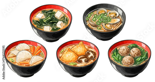 豆腐、わかめ、あさり、根菜など様々な味噌汁のイラストセット,具材,和食,汁物,健康