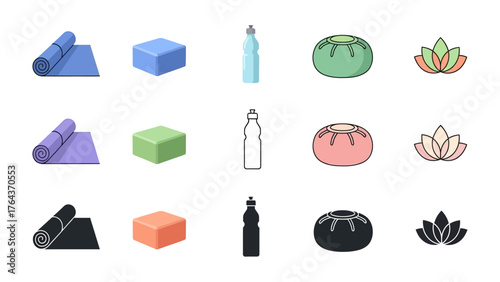 Yoga Accessories and Essentials: A visually appealing array of yoga accessories and essentials arranged in a tidy manner, presenting rolled mats, blocks, water bottle, round pillow and lotus flower. 