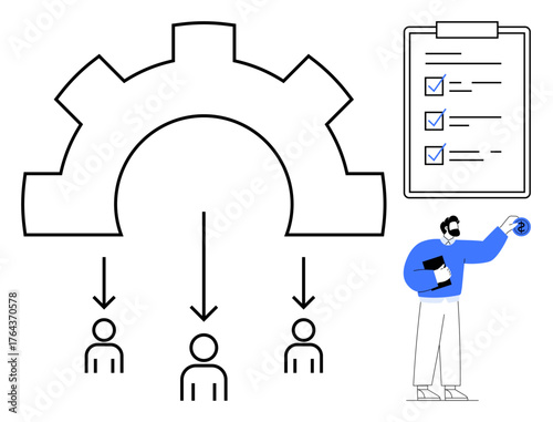 Gear diagram with arrows distributing tasks to people, checklist symbolizing organization, and a professional holding documents. Ideal for productivity, teamwork, task management, workflow, planning