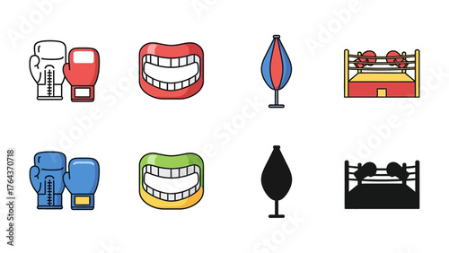 Boxing Equipment Illustration: Illustrated elements that capture the essence of boxing including, boxing gloves, mouthguard, a punching bag and the ring.