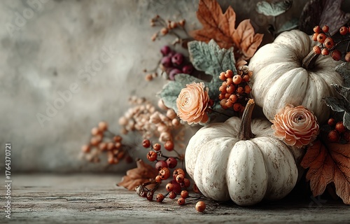 White wooden background with fall decorations such as pumpkins, leaves, and berries on the right side, blank space on the left for text, ultra-realistic 3D rendering with soft lighting