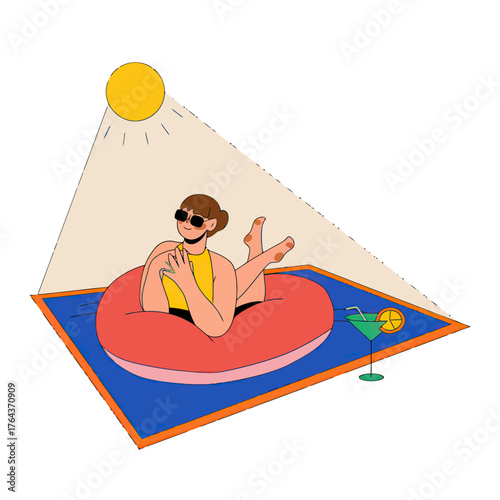 Design woman sunbathing beach summer vacation relaxation cocktail sunglasses floatie holiday leisure illustration verctor art illustration png