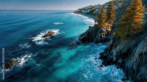 Aerial View of Ogunquit Maine Rocky Coastline — Atlantic Ocean Meets New England Forest, High-Resolution Scenic Landscape for Travel Promotion, Wall Art, and Web Background Design