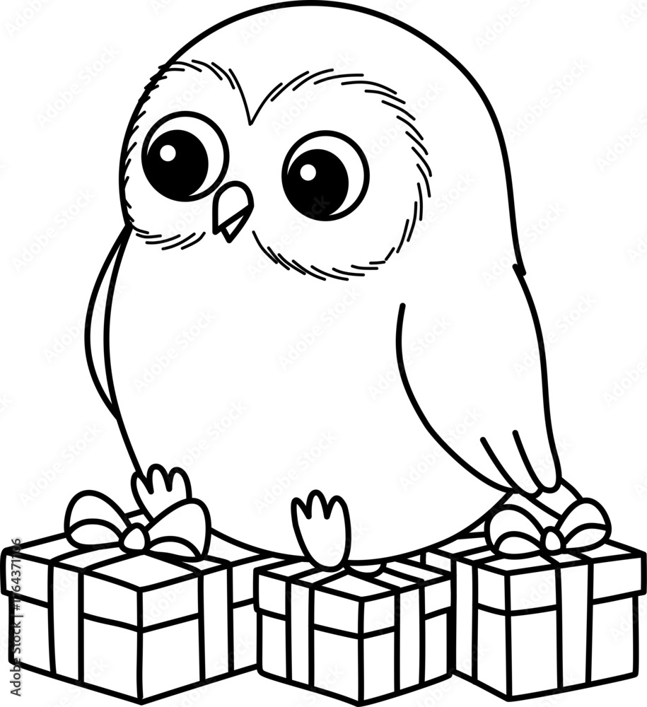 Obraz premium Cute Cartoon Owl Sitting on Christmas Presents Illustration